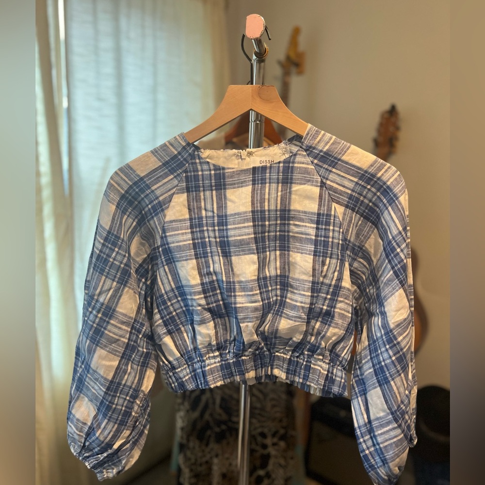 NWOT DISSH AYDEN BLUE PLAID LINEN SLEEVED CROP - 4 / BLUE - Picture 4 of 7